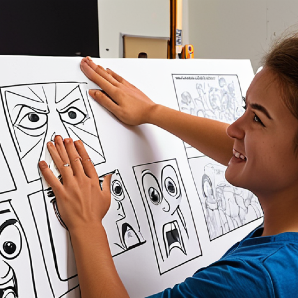**

A vibrant, dynamic scene inside a bustling animation studio. Several animators are collaborating on a project, some working on computers with complex animation software interfaces displayed, others sketching storyboards on large paper sheets. One animator is animatedly (pun intended!) presenting their ideas to a small group, using hand gestures and facial expressions to convey the emotion of the story. The overall lighting is bright and energetic, with a sense of teamwork and creativity filling the room. Emphasize visual storytelling through character expressions and dynamic composition.

**
