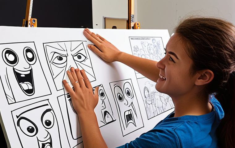 **
A vibrant, dynamic scene inside a bustling animation studio. Several animators are collaborating on a project, some working on computers with complex animation software interfaces displayed, others sketching storyboards on large paper sheets. One animator is animatedly (pun intended!) presenting their ideas to a small group, using hand gestures and facial expressions to convey the emotion of the story. The overall lighting is bright and energetic, with a sense of teamwork and creativity filling the room. Emphasize visual storytelling through character expressions and dynamic composition.
**