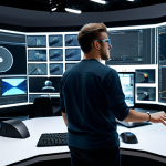 A highly focused professional 3D animator, fully clothed in a modest yet comfortable studio outfit, working diligently at a sleek, futuristic workstation. Multiple large monitors display complex 3D software interfaces, real-time rendering environments, and intricate character models. In the background, a modern, bustling animation studio is visible with subtle hints of motion capture equipment and a large LED virtual production wall in the distance, suggesting technological integration. The scene is well-lit, conveying a dynamic and collaborative atmosphere. The animator has perfect anatomy, correct proportions, well-formed hands, and proper finger count, captured in a natural pose. This image is safe for work, appropriate content, fully clothed, and professional. High-resolution, cinematic lighting, ultra-detailed, studio photography.