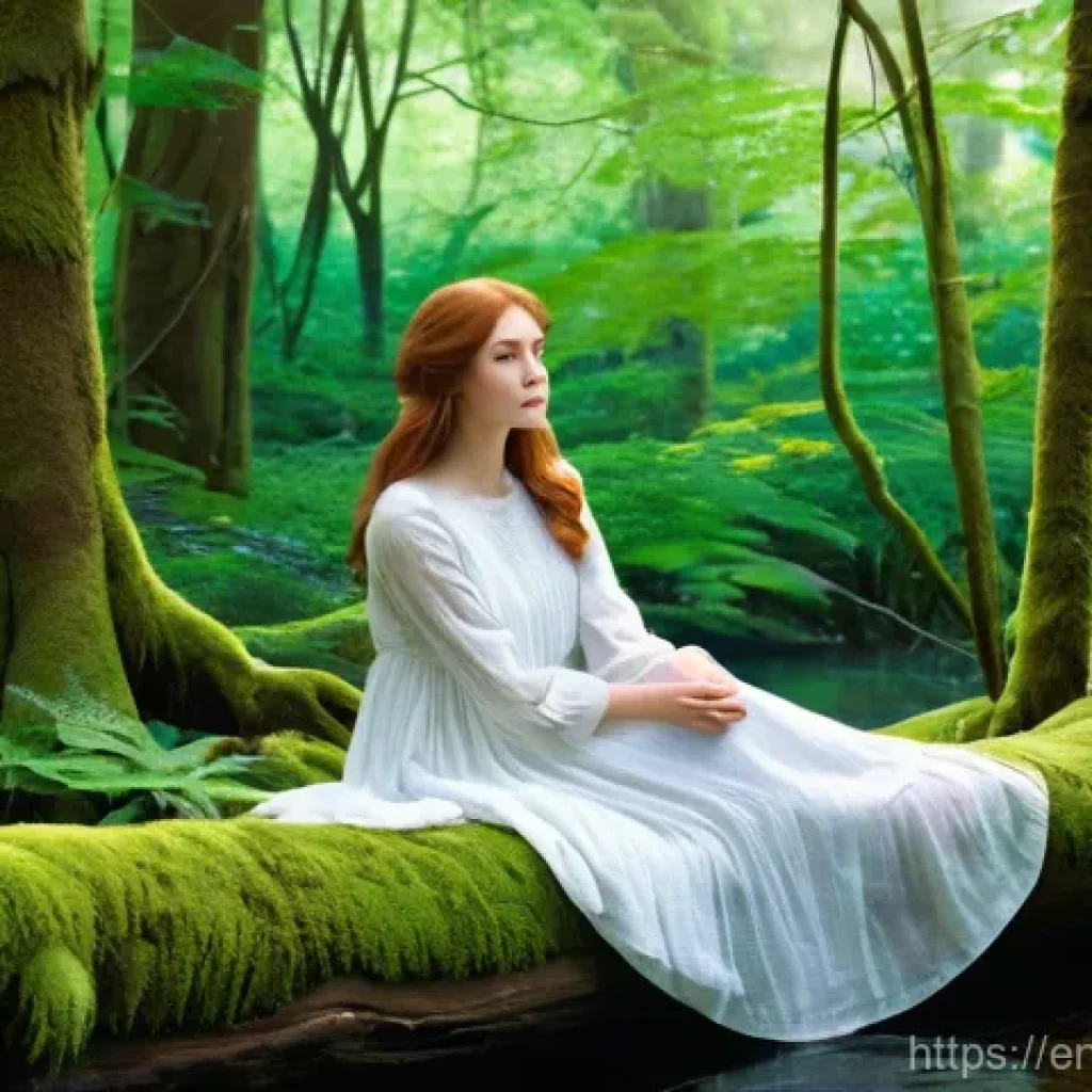 애니메이션 기획 실무 팁 - A serene outdoor scene depicting a young woman, approximately 25 years old, with flowing auburn hair...