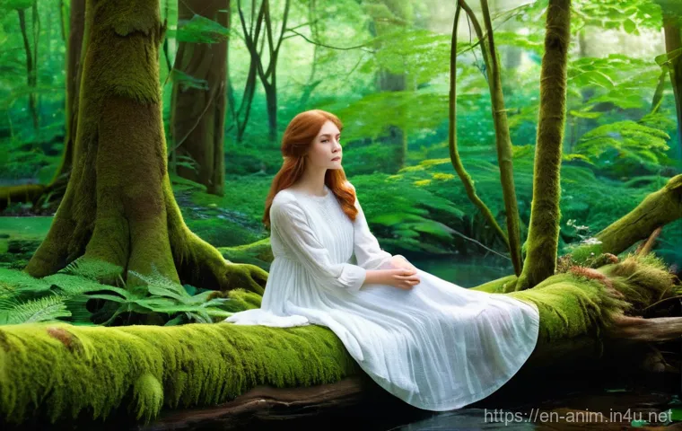 애니메이션 기획 실무 팁 - A serene outdoor scene depicting a young woman, approximately 25 years old, with flowing auburn hair...
