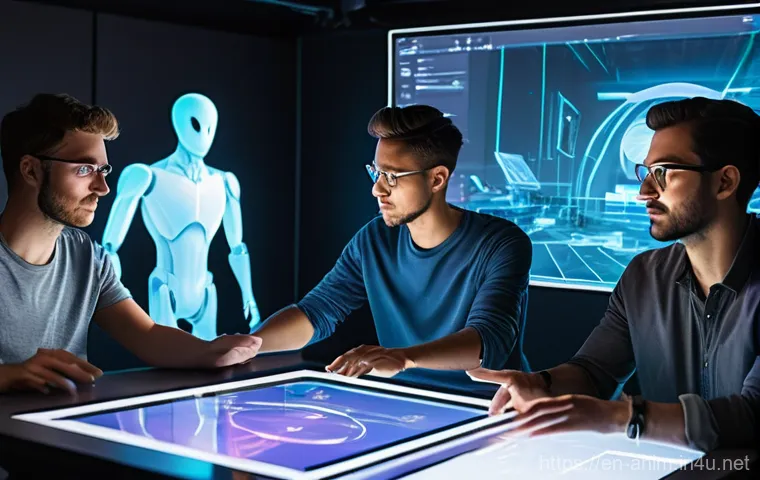 애니메이션 기획사의 멘토링 프로그램 - **Prompt 1: Modern Animation Studio Collaboration**
    A diverse team of five animators, aged 20s t...