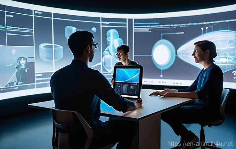 애니메이션 기획사의 멘토링 프로그램 - **Prompt 1: Modern Animation Studio Collaboration**
    A diverse team of five animators, aged 20s t...