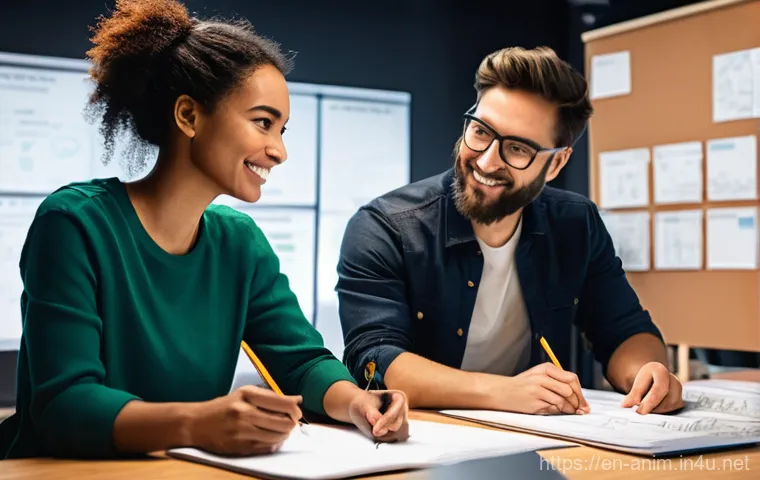 애니메이션 기획사의 프로덕션 단계별 체크리스트 - **Prompt:** A diverse team of four animation professionals (two men, two women) in a bright, modern ...