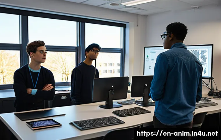 애니메이션 기획사와 학계의 협력 사례 - **"A vibrant, sunlit university animation lab, filled with a diverse group of young, enthusiastic an...