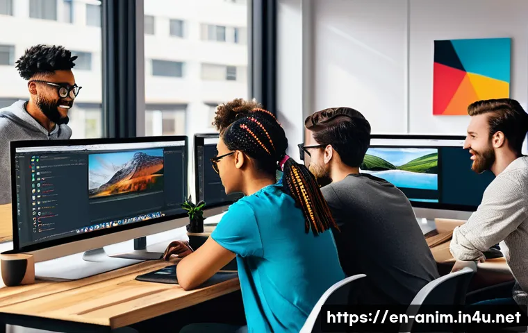 애니메이션 기획사의 커뮤니케이션 채널 활용법 - A modern animation studio workspace showing a diverse team of artists, animators, and producers coll...
