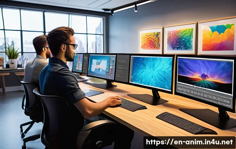 애니메이션 기획사의 성공한 프로젝트 사례 - A vibrant animation studio workspace showcasing artists blending traditional hand-drawn sketches wit...