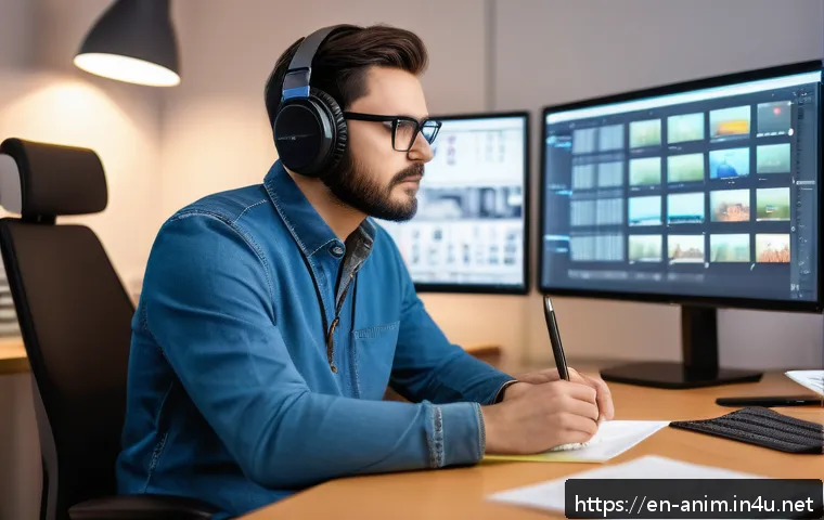애니메이션 기획사에서의 개인 프로젝트 개발 - A focused solo animator working late in a modern, well-lit studio filled with multiple monitors disp...