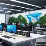 애니메이션 기획사의 클라우드 기술 활용 - A vibrant, futuristic animation studio with a diverse team of animators, storyboard artists, and sou...