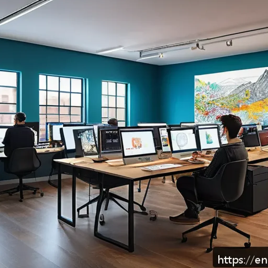 애니메이션 기획사의 프로젝트 성과 측정법 - A vibrant animation studio workspace showing a diverse team of artists and animators collaborating a...
