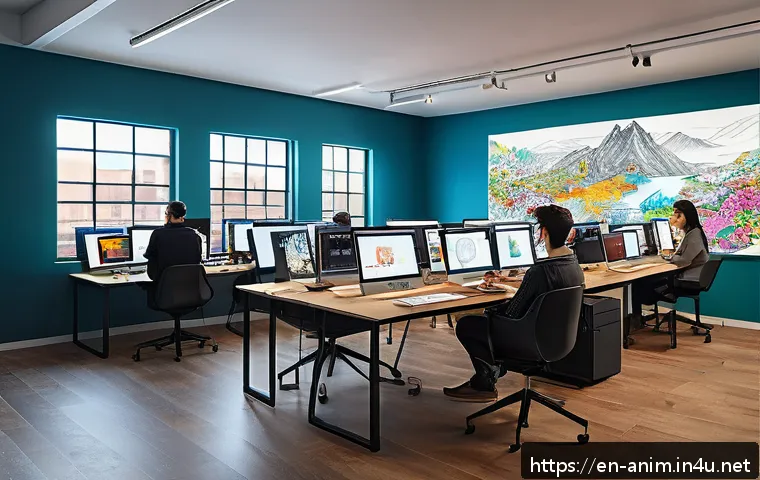 애니메이션 기획사의 프로젝트 성과 측정법 - A vibrant animation studio workspace showing a diverse team of artists and animators collaborating a...
